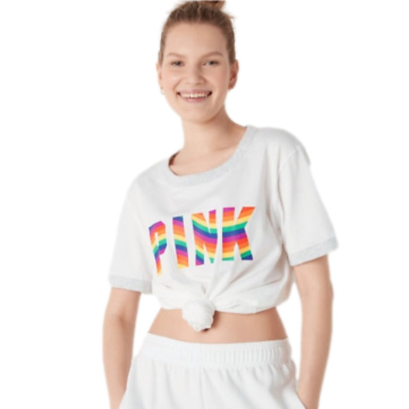 VICTORIA'S SECRET PINK Small Cotton SHORT SLEEVE CAMPUS RINGER T-SHIRT WHITE - Picture 2 of 7